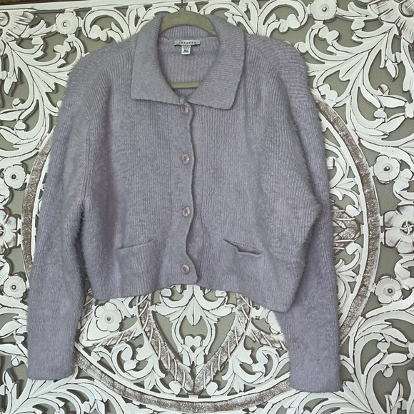 Topshop Fluffy Knit Button-Down Lavender Purple Cardigan w Front Pockets sz 8 - Picture 1 of 9